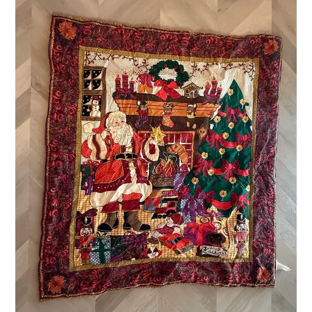 Christmas Quilt Blanket Santa Claus Tree Quilted Wall Hanging Light Grommets